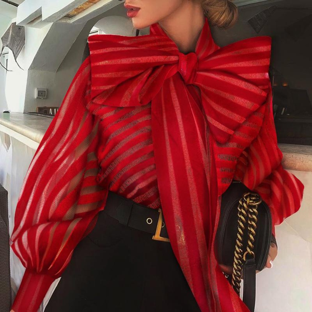 Red stripe tie ribbon blouse